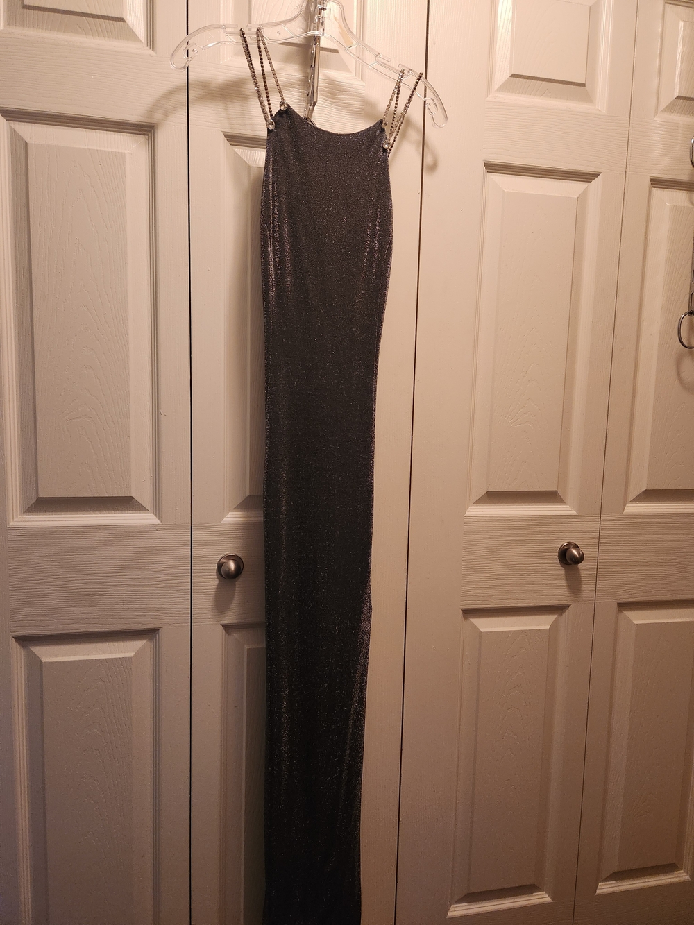 Dave & Johnny Metal Gray Sparkle Maxi Dress with Chain Straps